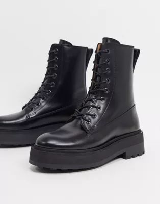 & Other Stories leather lace up chunky flat boots in black | ASOS (Global)