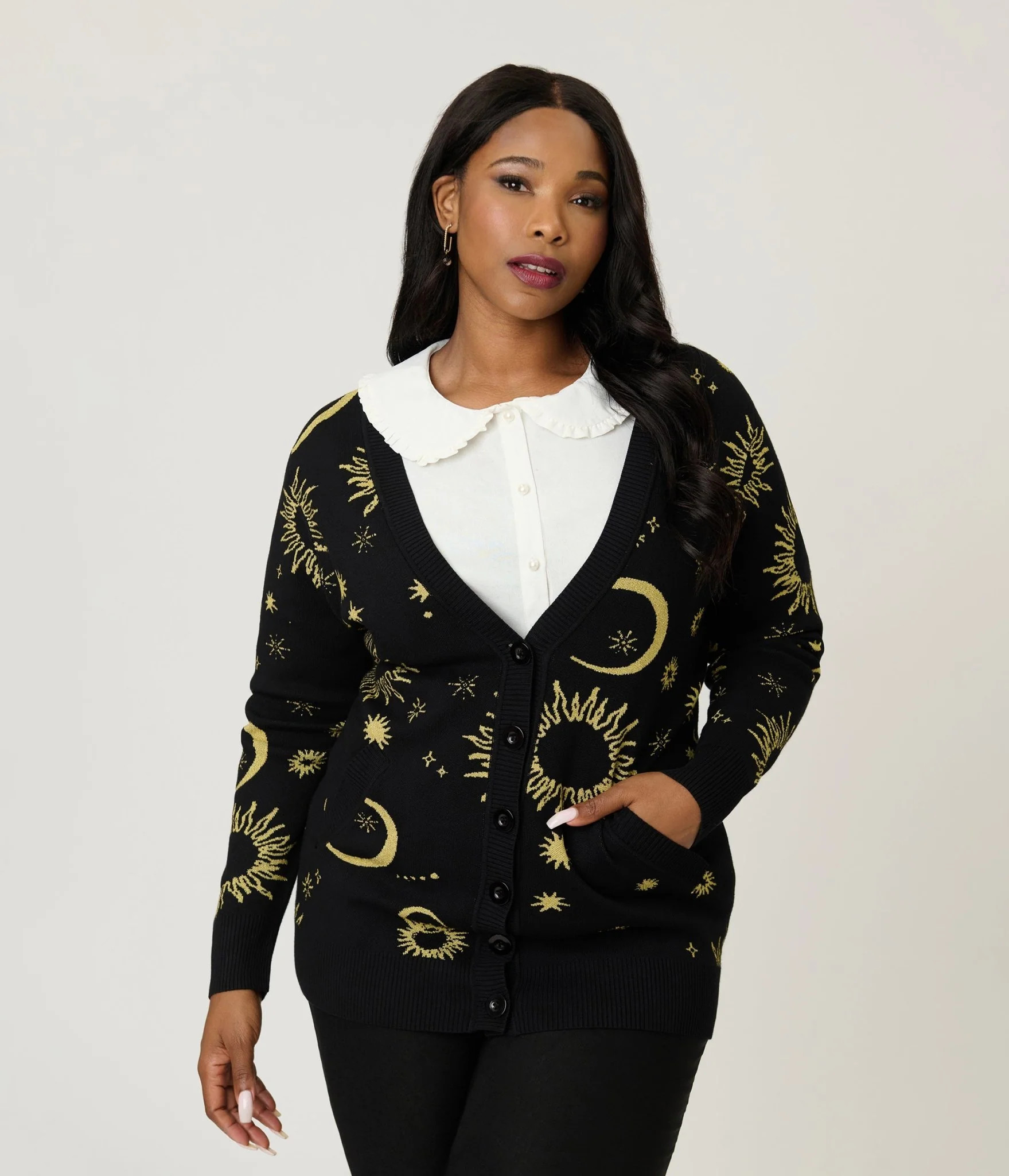 Unique Vintage Plus Size Black & Gold Celestial Button Cardigan | Unique Vintage - North America
