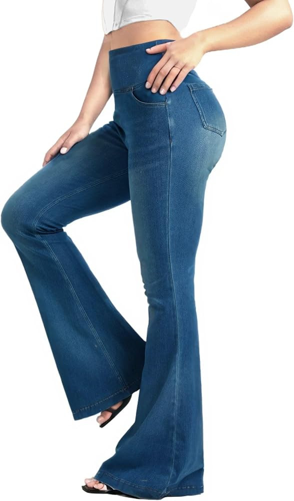BlueRose Knit Stetchy Flare Jean for Women,Jean Leggings with Pockets High Waisted Pull on Bell B... | Amazon (US)