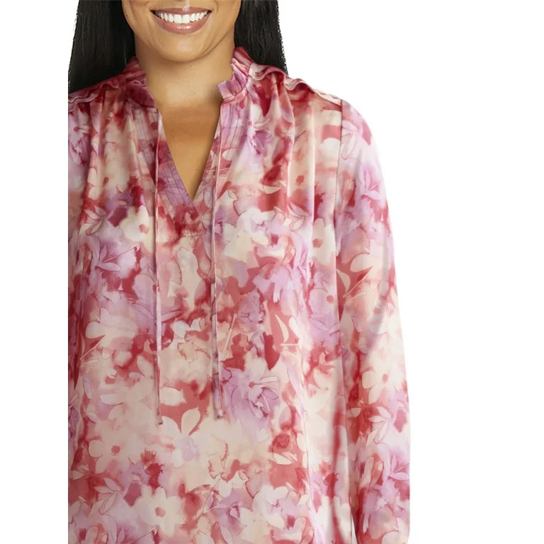 Time and Tru Women's Silky Satin Ruffle Neck Blouse, Sizes XS-XXXL | Walmart (US)