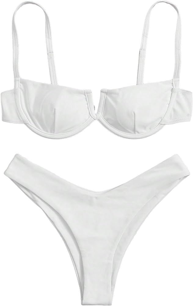 WDIRARA Women's 2 Piece Bikini Swimsuit Spaghetti Strap Underwire and Stretch High Cut Bottom Sol... | Amazon (US)