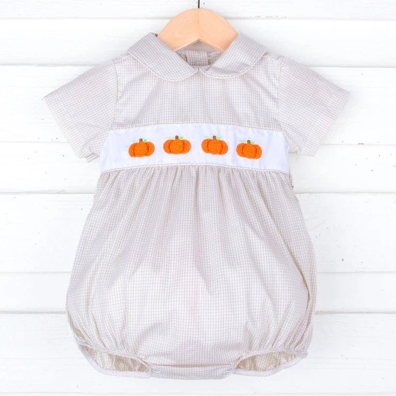 Pumpkin French Knot Tan Gingham Collared Bubble | Classic Whimsy