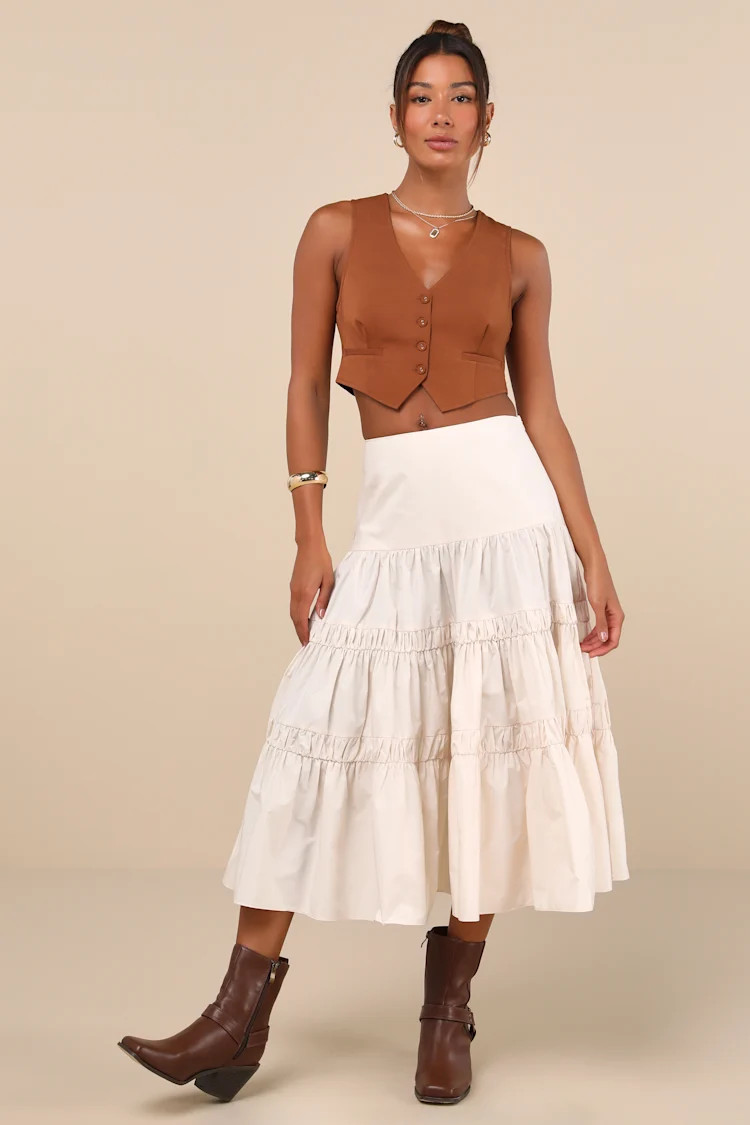 Darling Flourish Cream Tiered High-Rise Midi Skirt | Lulus