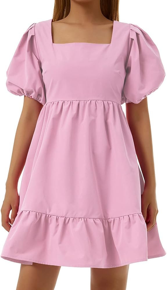 MAINESAKA Womens Summer Casual Short Puff Sleeve Sweetheart Neck Dress Solid Color Tiered Ruffle ... | Amazon (US)