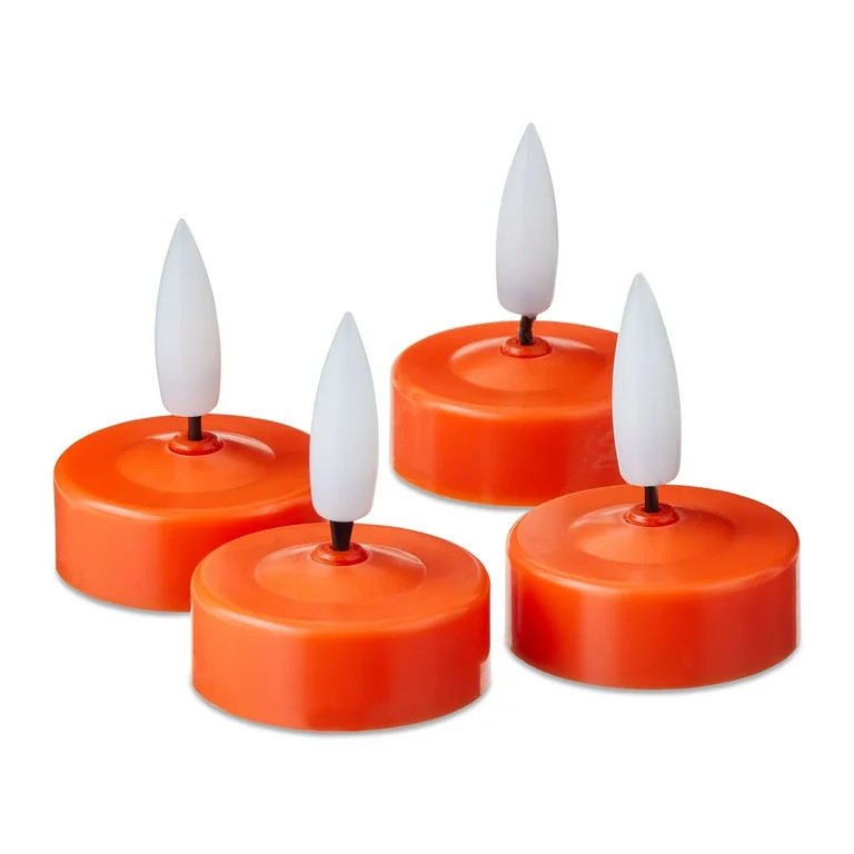 Orange Tealight Flameless Candles, 4CT, Warm White Flickering LEDs, Battery Operated, Halloween I... | Walmart (US)