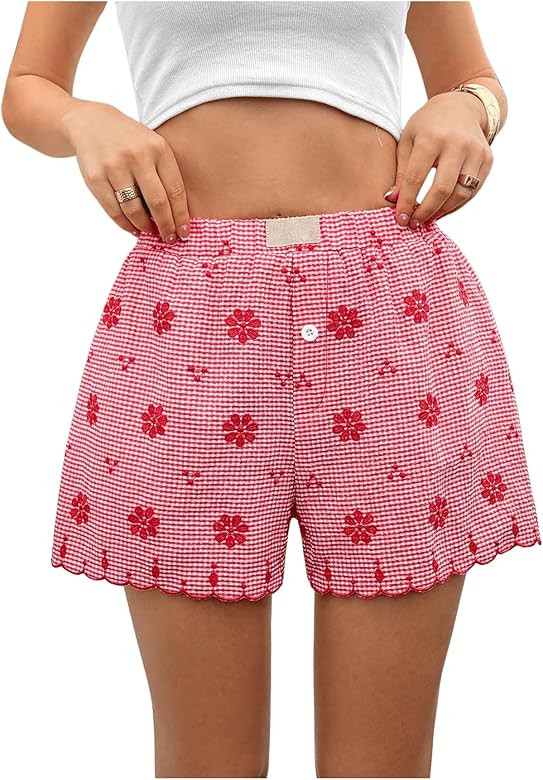 Verdusa Women's Floral Embroidery Elastic High Waist Scalloped Shorts | Amazon (US)