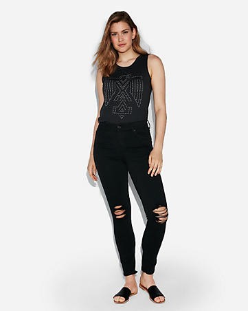 Black High Waisted Distressed Knee Stretch Jean Leggings | Express