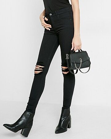 Black High Waisted Distressed Knee Stretch Jean Leggings | Express