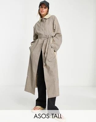 ASOS DESIGN Tall check trench coat in stone | ASOS (Global)