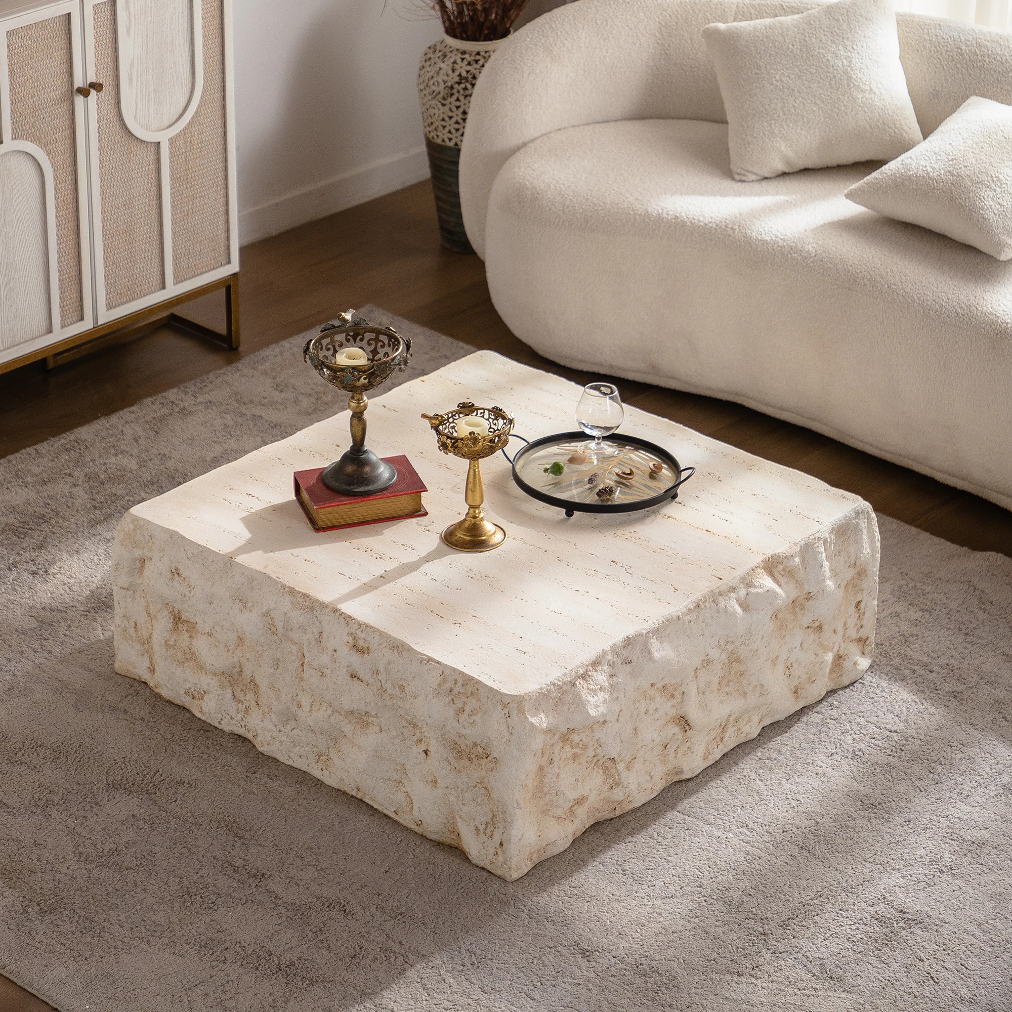 GDFStudio Indoor Mid Century Modern Lightweight Concrete Round Faux Stone Square Coffee Table No Assembly Required for Living Room Office Apartment | Lowe's