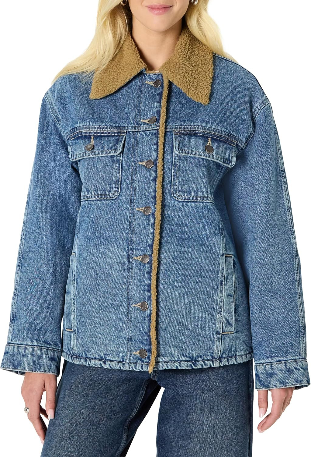 Amazon Essentials Women's Oversized-Fit Denim Jacket with Faux Shearling Collar and Lining, Heavyweight | Amazon (US)