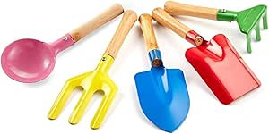 5 Piece 8" Kids Gardening Tools, Made of Metal with Sturdy Wooden Handle, Safe Beach Sandbox Snow... | Amazon (US)
