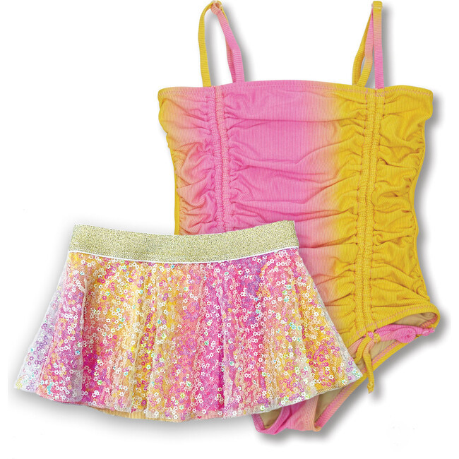 Sunset Ribbed One-Piece Swimsuit With Daisy Paillette Skirt, Ombre | Maisonette