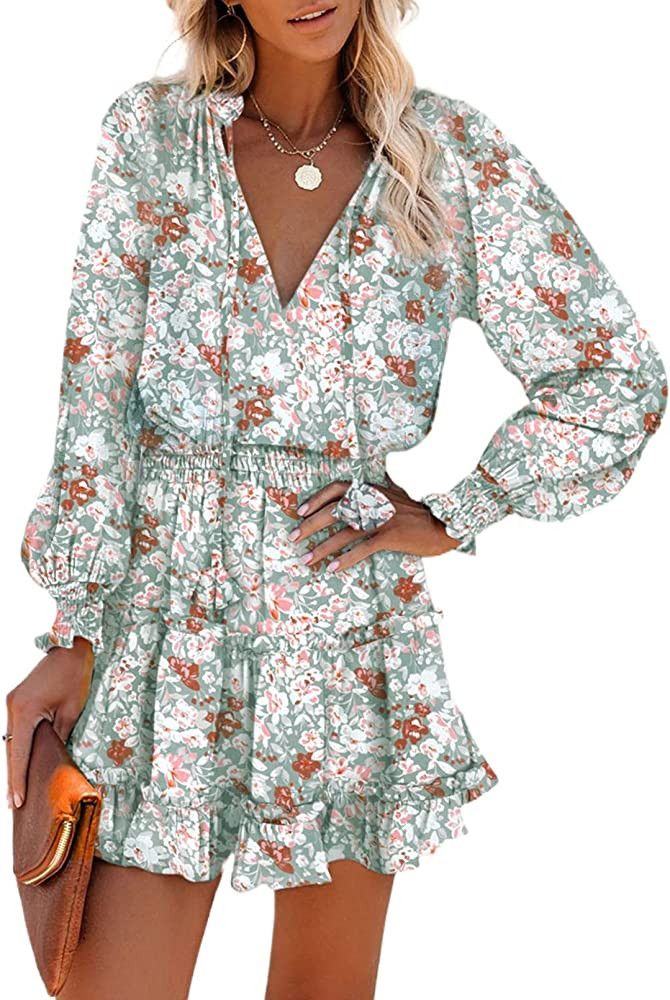 BLENCOT Women Casual Tie V Neck Long Sleeve Pleat Dress Print Flowy Dress Sage Green Floral Dress | Amazon (US)