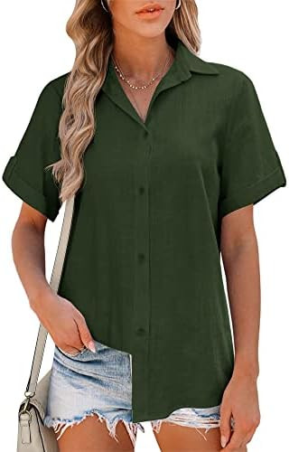 Hotouch Linen Button Down Shirt Women Roll-Up Cuffed Short Sleeve Blouses V Neck Collared Shirts ... | Amazon (US)