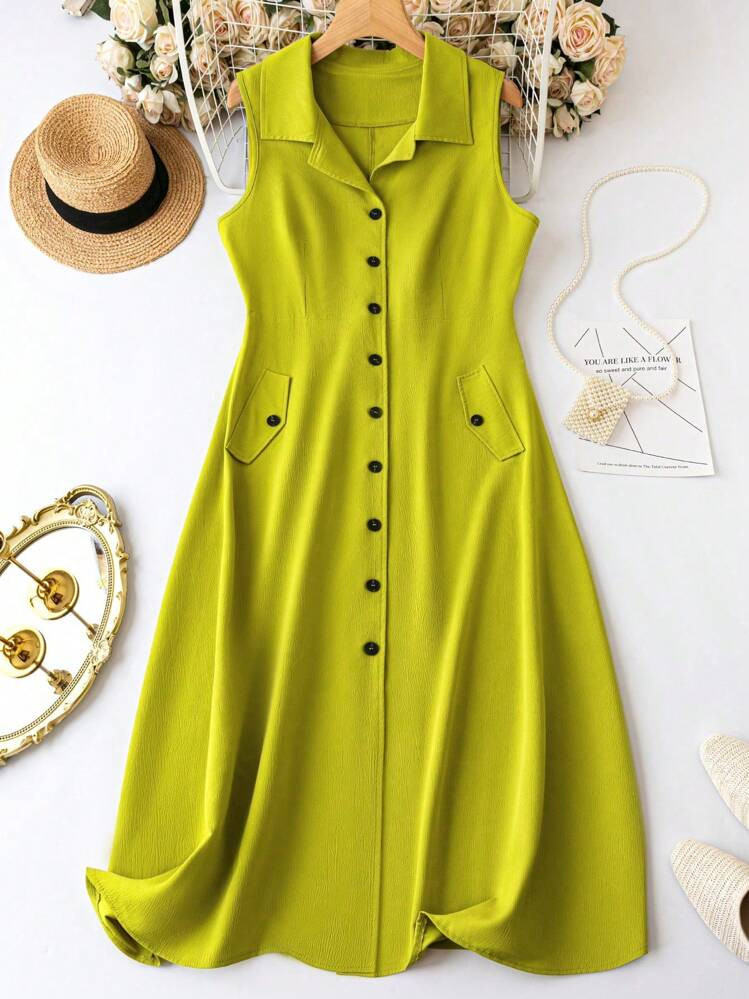 Plus Button Front Sleeveless Shirt Dress Maxi Women Outfit | SHEIN