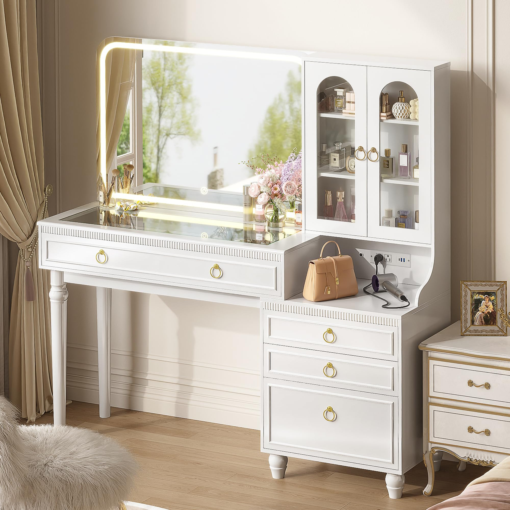 PRAISUN 53 Inch Makeup Vanity Desk with Large Mirror and Lights, Vanity Table with Power Outlets ... | Amazon (US)