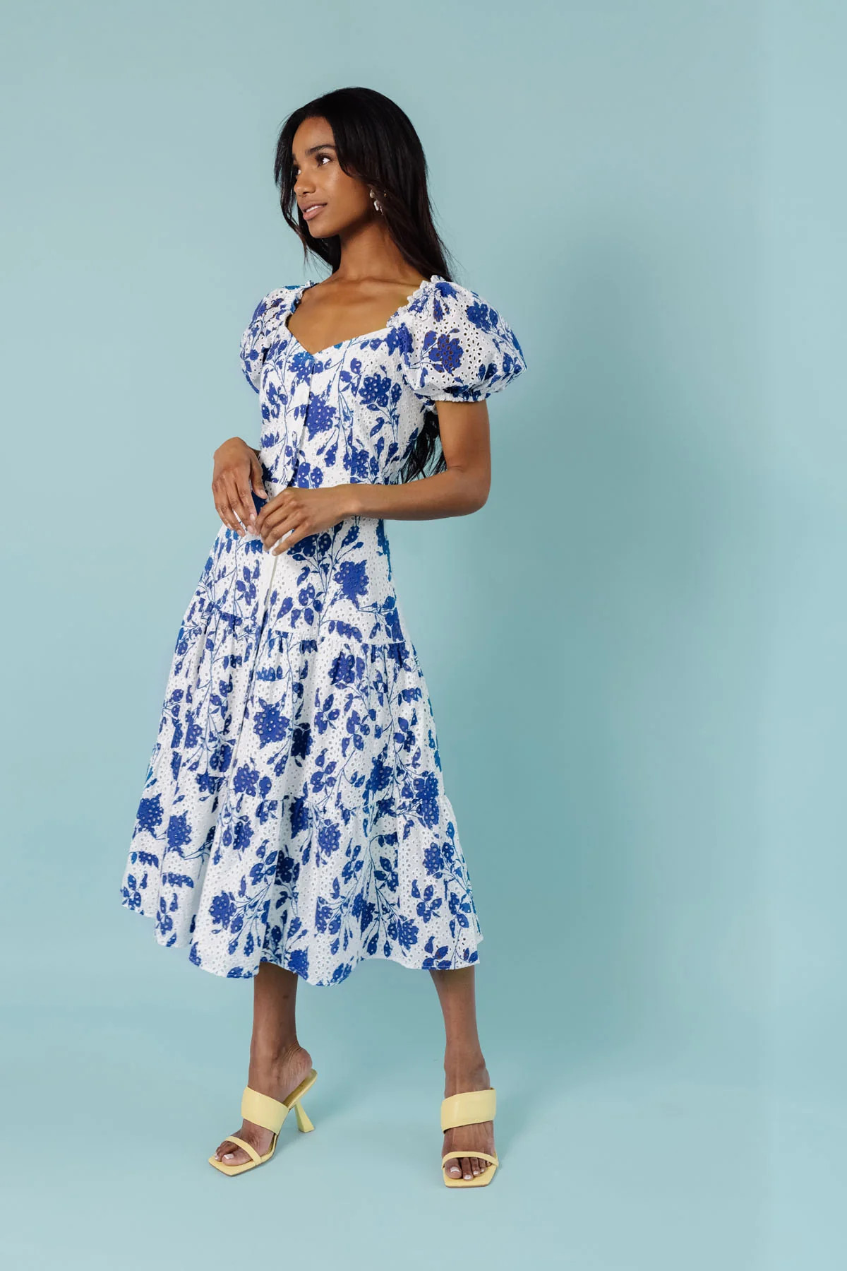 Eyelet Puff Sleeve Midi Dress - Periwinkle Blue | Rachel Parcell