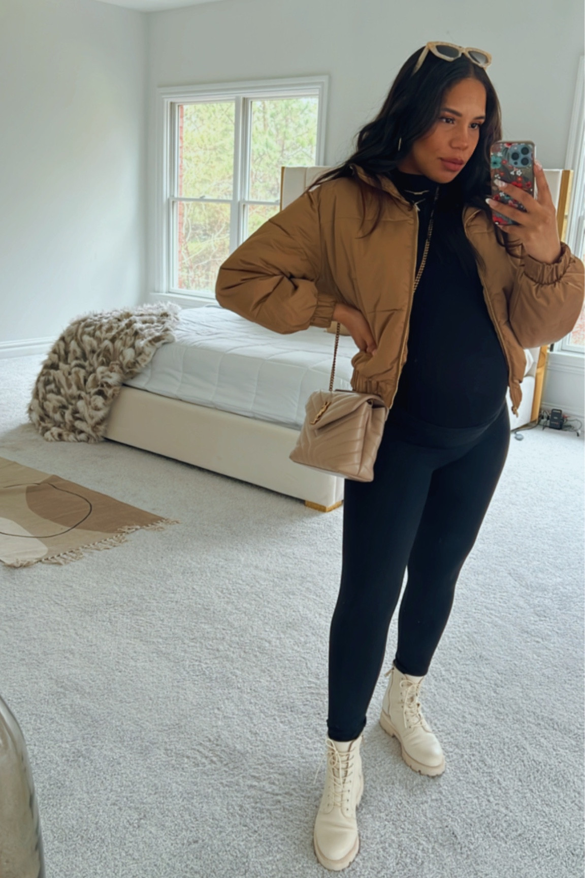 Comfortable maternity friendly winter style. Wearing my favorite black leggings in my regular size (S) with cream combat boots by Sam Edelman and tan Abercrombie jacket. My Abercrombie jacket is on sale for 59.99 from originally 160! 

#LTKbump #LTKsalealert #LTKstyletip