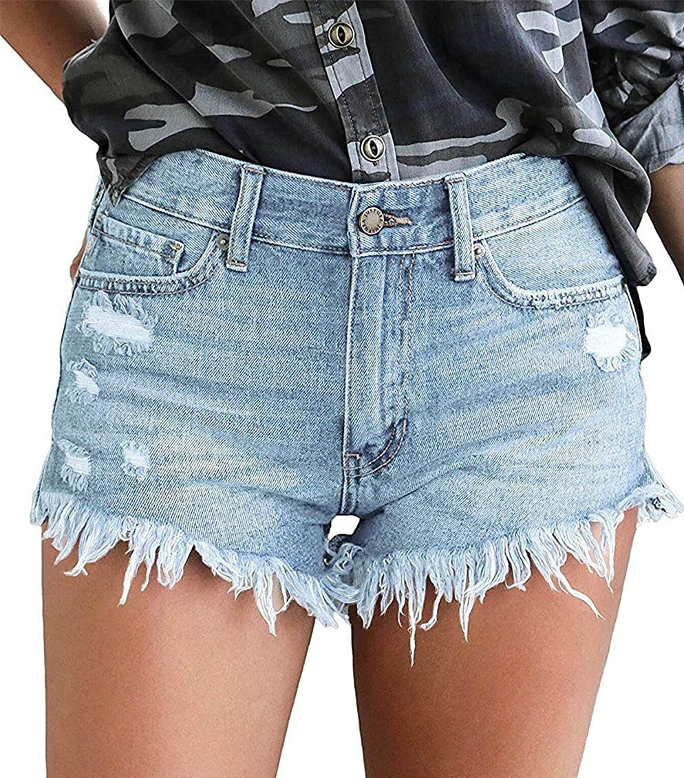 onlypuff Womens Casual Ripped Mid Waisted Denim Shorts with Pockets | Amazon (US)