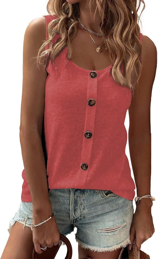 SHEWIN Womens Tank Tops Solid Button Crewneck Sleeveless Summer Tops Loose Fit | Amazon (US)