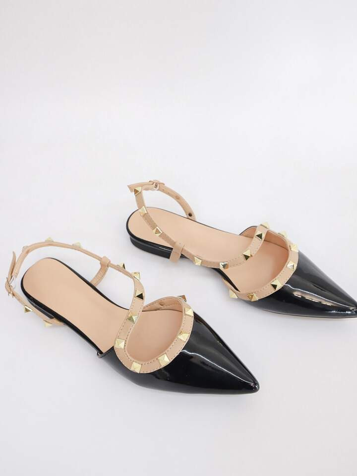 Rivet Embellished Pointed Toe Flat Sandals, New Patent Leather Strap Buckle Decor Flats | SHEIN