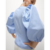 M&S Pure Cotton Puff Sleeve Button Through Blouse - 22REG - Blue Mix, Blue Mix | Marks & Spencer IE