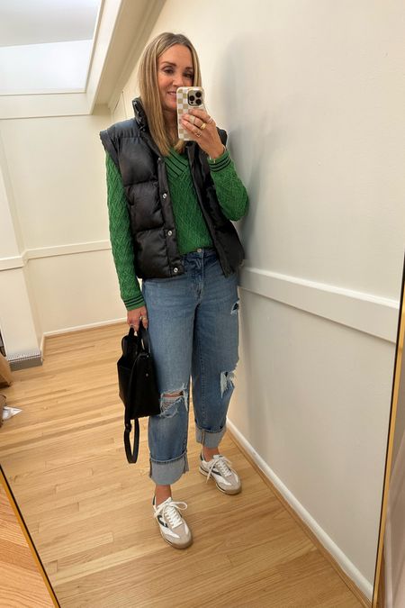Casual errands ootd! Faux leather black puffer vest, cabi green varsity sweater, loose jeans, retro Tretorn sneakers, Amazon finds, weekend outfit 

#LTKfindsunder50 #LTKstyletip #LTKover40