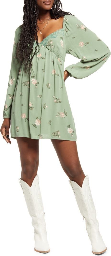 Lace Trim Long Sleeve Babydoll Dress Green Dress Dresses Floral Dress Summer Dress Outfits Pastel | Nordstrom
