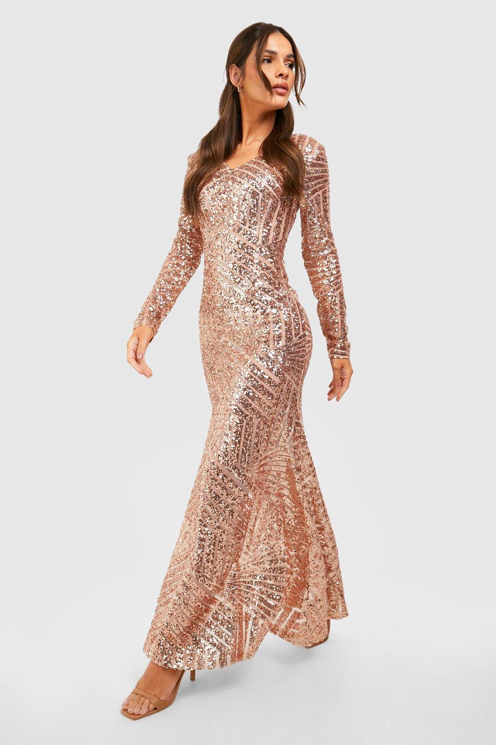 Womens Boutique Sequin Long Sleeve Maxi Bridesmaid Dress - Beige - 8 | Boohoo.com (US & CA)