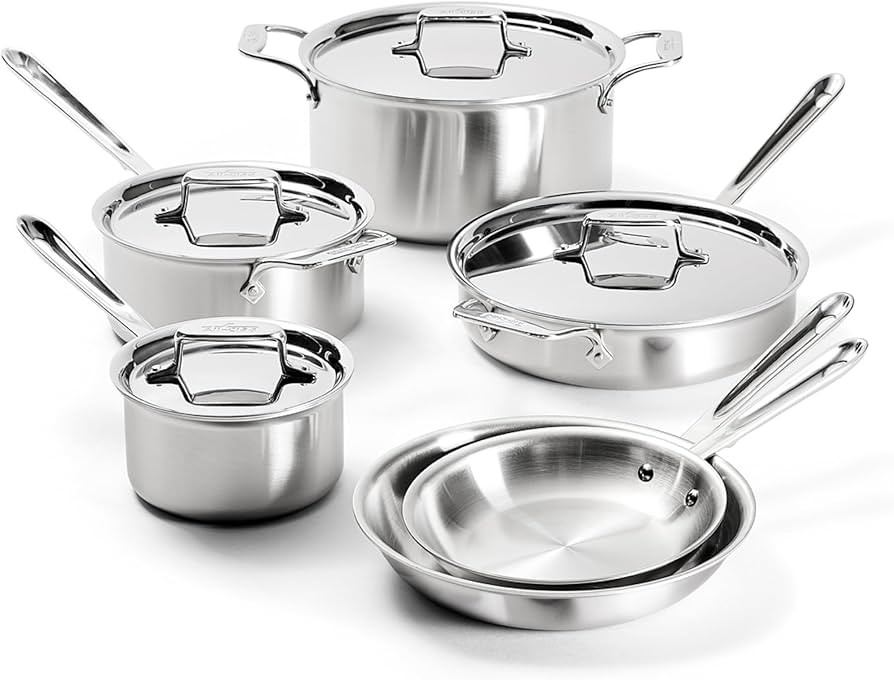 All-Clad D5 Brushed 5 Ply Stainless Steel Cookware Set 10 Piece w/ Frying Pans, Pots and Pans Set... | Amazon (US)