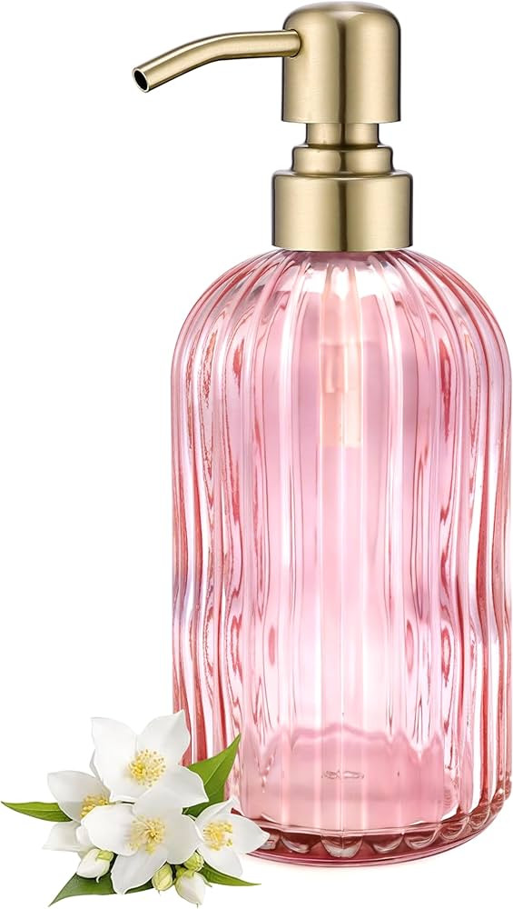 16 OZ Pink Glass Soap Dispenser,Clear Pink Stripe Bathroom Hand Soap Dispensers with Stainless St... | Amazon (US)