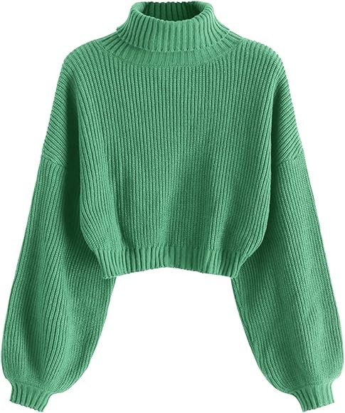 ZAFUL Women's Cropped Turtleneck Sweater Lantern Sleeve Ribbed Knit Pullover Sweater Jumper (2-Ch... | Amazon (US)