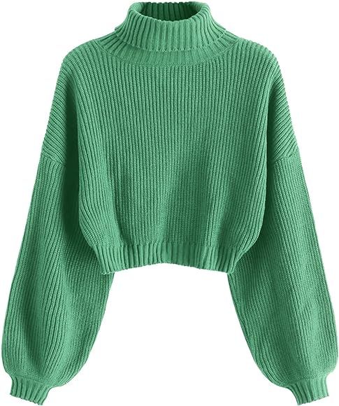 ZAFUL Women's Cropped Turtleneck Sweater Lantern Sleeve Ribbed Knit Pullover Sweater Jumper (2-Ch... | Amazon (US)