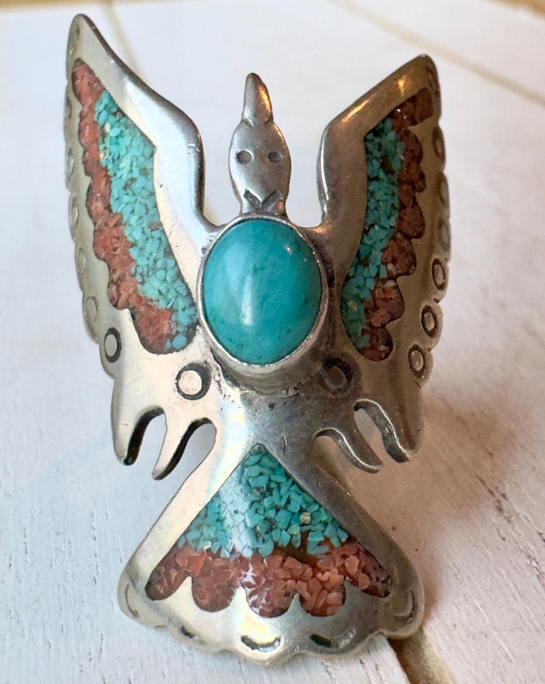 Native American Style Thunderbird Sterling Silver Turquoise Coral Inlay Ring | Etsy (US)