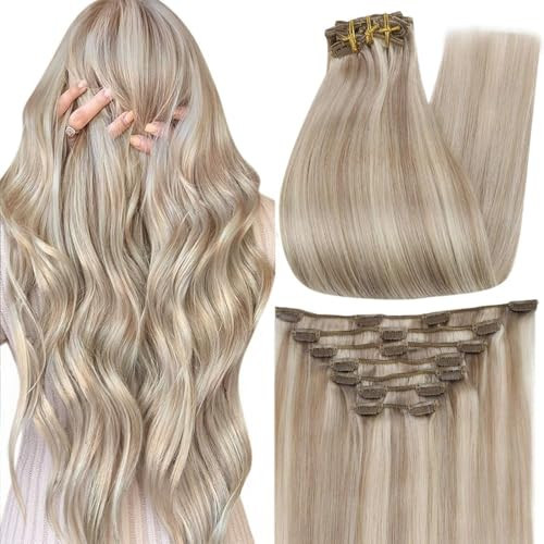 Full Shine Clip in Hair Extensions Real Human Hair Blonde 22 Inch Clip in Human Hair Ash Blonde Highlight Seamless Hair Extensions Clip ins for Women 7 Pcs 120 G | Amazon (US)