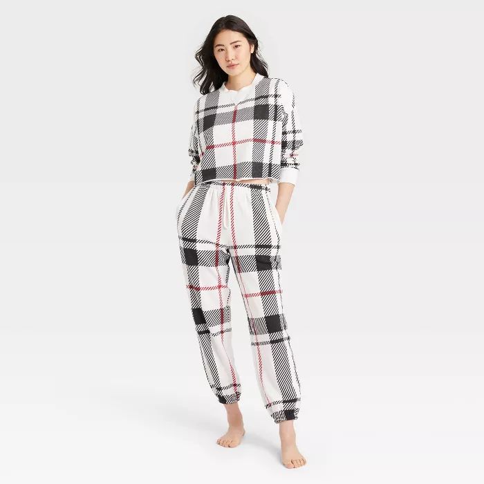 Women's Plaid Fleece Lounge Sweatshirt - Colsie™ Cream | Target