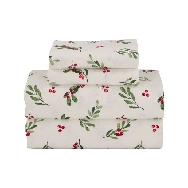 Mainstays Flannel Sheet Set, Red and Green Holly, Queen - Walmart.com | Walmart (US)