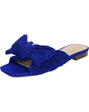 VETASTE Women's Pleated Bow Flat Sandals Open Square Toe Slip on Slide Sandals | Amazon (US)