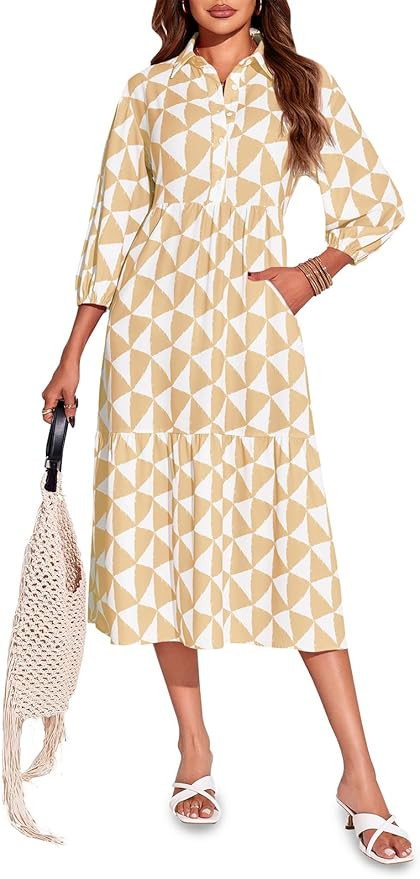 Wenrine Womens Boho Midi Dress Long Sleeve Casual Color Block Beach Button Down Shirt Dress | Amazon (US)