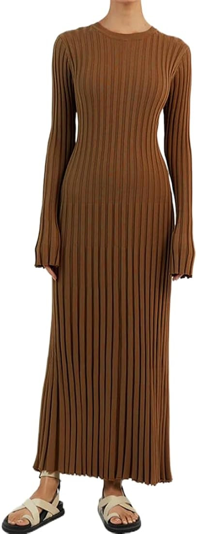 Bowanadacles Women Casual Knitted Maxi Dress Solid Color Long Sleeve Round Neck Ribbed Long Dress... | Amazon (US)