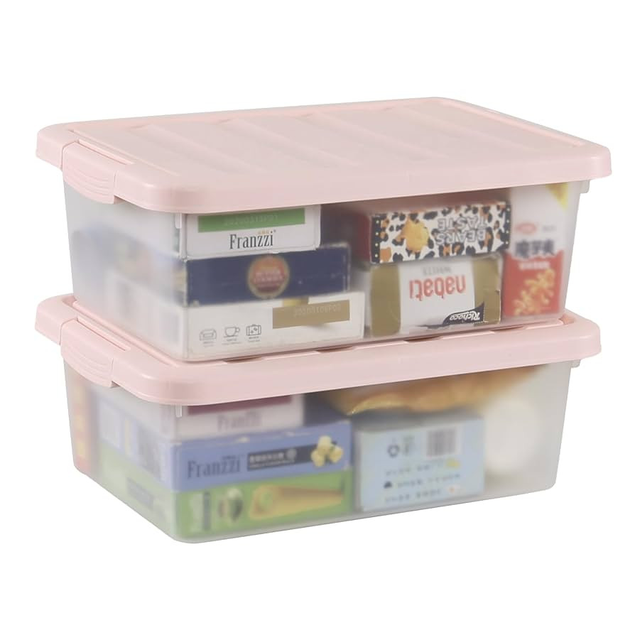 Wekioger Set of 2 Versatile Organizer Bins with Pink Lids, 14 Quart Plastic Latching Storage Box | Amazon (US)
