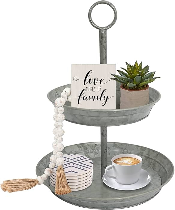 FLORA Farmhouse 2 Tiered Galvanized Serving Tray Stand with Carry Handle, Rustic Metal Display Tr... | Amazon (US)