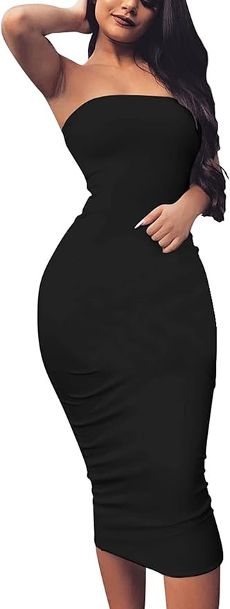 BORIFLORS Women's Basic Sleeveless Tube Top Sexy Strapless Bodycon Midi Club Dress | Amazon (US)