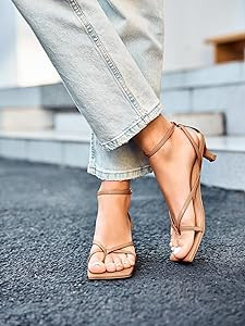 Coutgo Womens Strappy Low Kitten Heels Sandals Open Square Toe Flip Flop Summer Dress Party Shoes | Amazon (US)