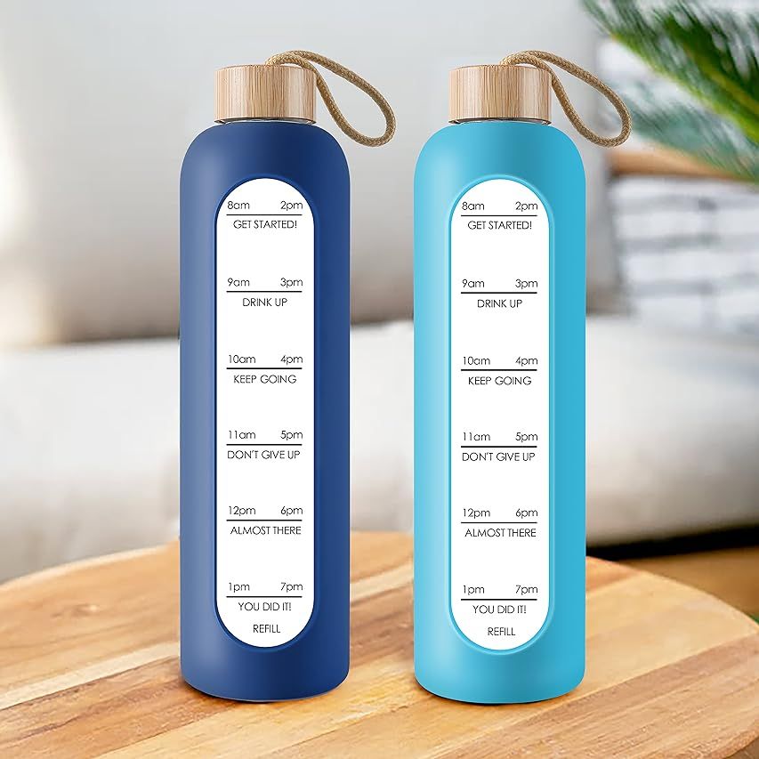 PROBTTL 32 Oz Borosilicate Glass Water Bottle with Time Marker Reminder Quotes, Leak Proof Reusable  | Amazon (US)