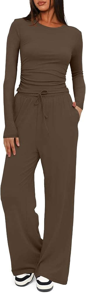 Darong Women's 2 Piece Outfits Lounge Sets 2025 Fall Long Sleeve Tops Wide Leg Pants Casual Match... | Amazon (US)