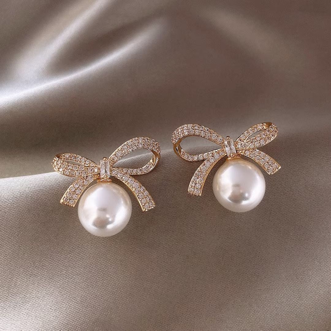 CHERISHED - Stunning Pearl Bow Stud Earrings, Bridal Earrings, Pearl Earrings, Bride Earrings, Ea... | Etsy (US)