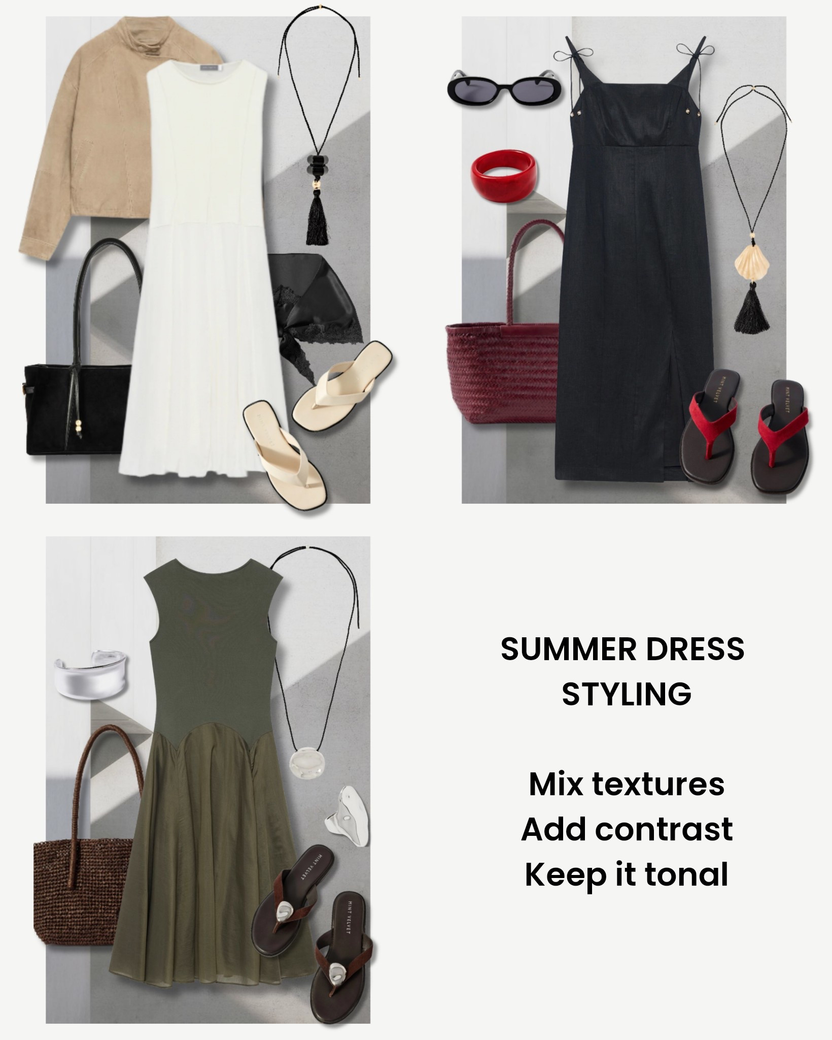 Summer dress styling, simplified.
3 outfit formulas that always work.

—
Mix textures (satin + suede)
Add one contrast colour
Keep it tonal + soft

All summer dresses are from Mint Velvet 🤍

summer dress
summer outfit ideas
summer dress outfit
holiday outfits
holiday dress outfit
neutral outfits
capsule wardrobe summer
outfit formulas

linen dress
White dress
Drop waist dress
Minimal dress 
Black summer dress 

#LTKxMintVelvet #LTKdresses #LTKuk