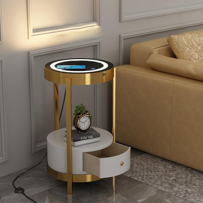 wangpengkai Gold Smart Led Nightstand with White Drawers,14in Sofa Round End Table with USB Port ... | Amazon (US)
